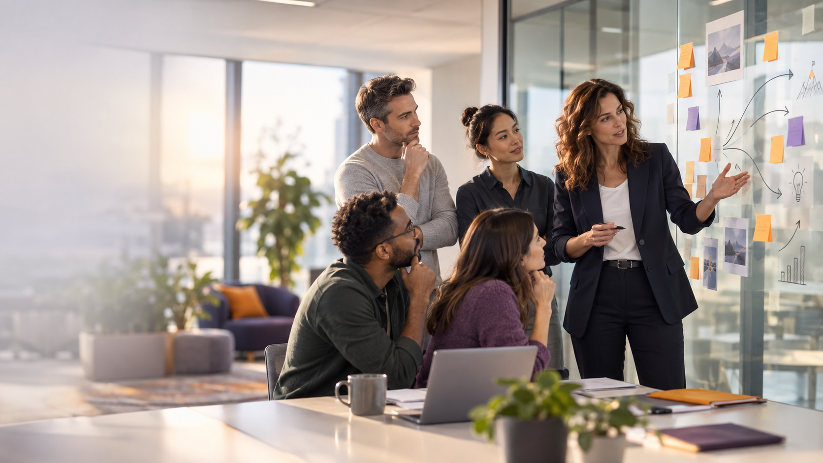 Manager guidant son équipe avec assurance dans un contexte incertain